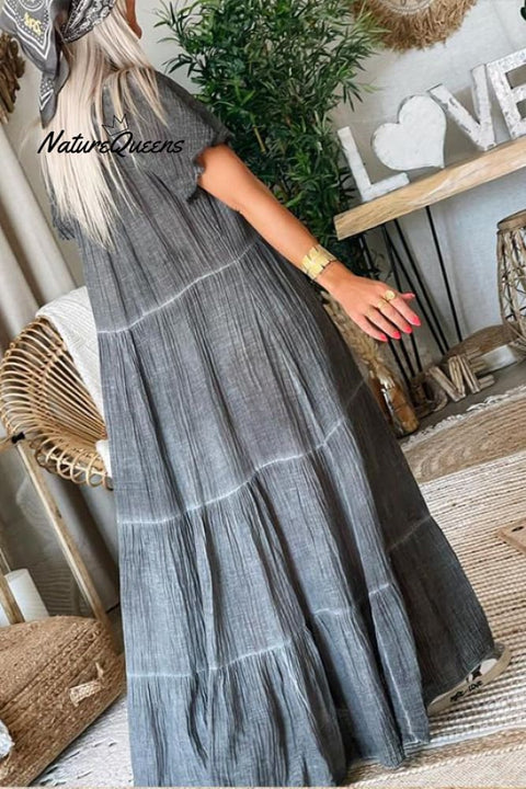 Cotton and Linen Patchwork Loose Maxi Dress