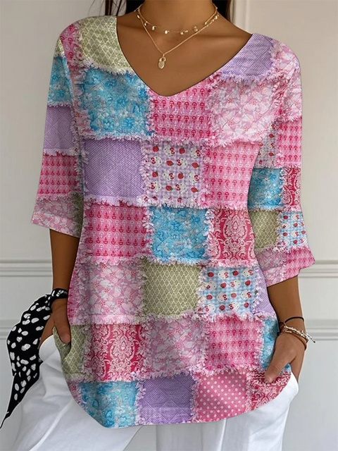 Art Pink Check Print Cotton Top