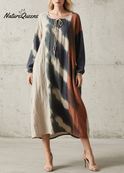 Original Design O Neck Tie Dye Cotton Maxi Dresses Fall