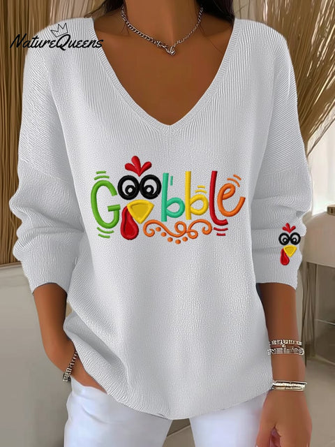 Women's Gobble Turkey Print Long Sleeve Top