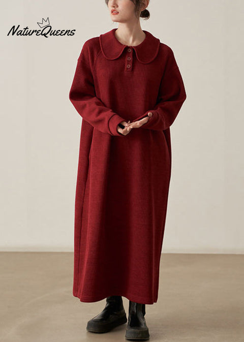 Loose Wine Red Pockets Cozy  Cotton Knit Long Dresses Fall