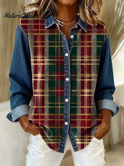 Women's Christmas landscape print casual stitching denim shirt