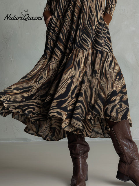 Zebra Print Maxi Dress ¨C Long Sleeve Flowy Polo Dress With Button Front And Brown Collar
