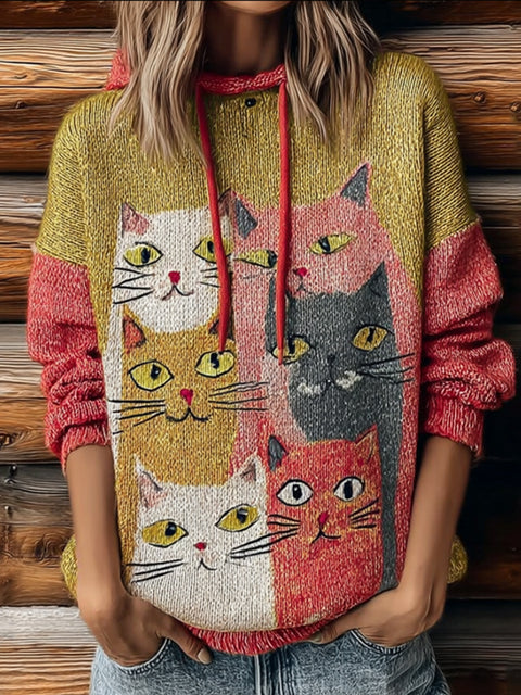 Women's Funny Cat Embroidery Round-neck Sweater