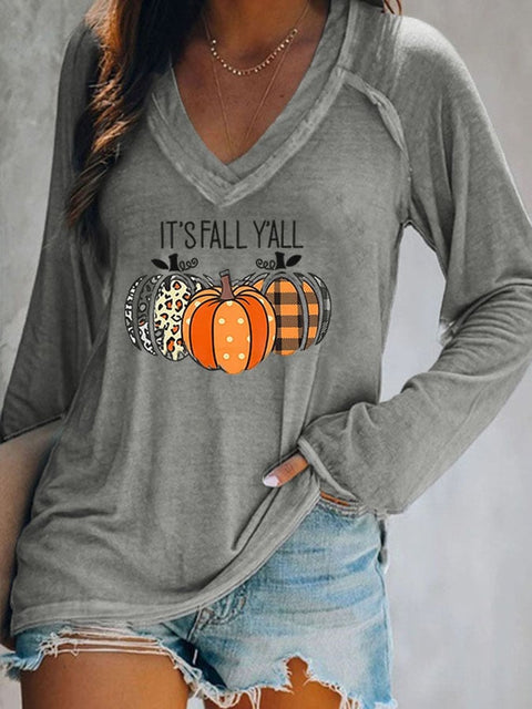 Halloween Bats Print V-neck  Long Sleeve Casual T-Shirt