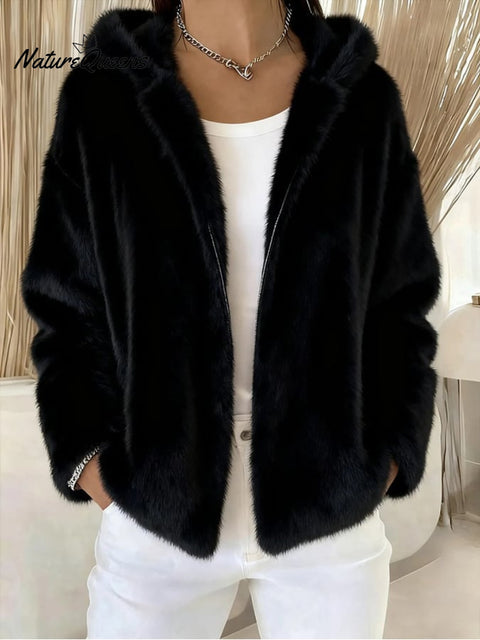 Women'S Autumn And Winter Hooded Solid Color Casual Zipper Jacket