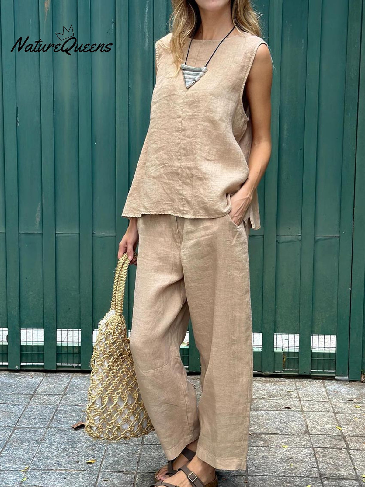 Women’s Tank And Casual Pants Linen Cotton Suit Sand / S