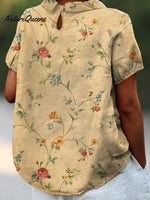 Women’s Retro Floral Art Print Casual Cotton And Linen Shirt