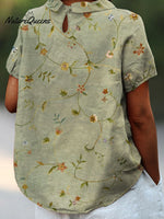 Women’s Retro Floral Art Print Casual Cotton And Linen Shirt