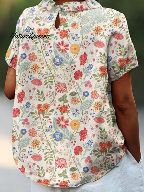 Women’s Pastoral Floral Art Print Casual Cotton And Linen Shirt