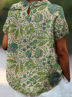 Women’s Flower Art Print Casual Cotton And Linen Shirt