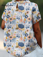 Women’s Flower Art Print Casual Cotton And Linen Shirt
