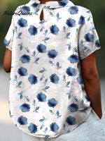 Women’s Small Blue Ink Flowers Print Casual Cotton And Linen Shirt
