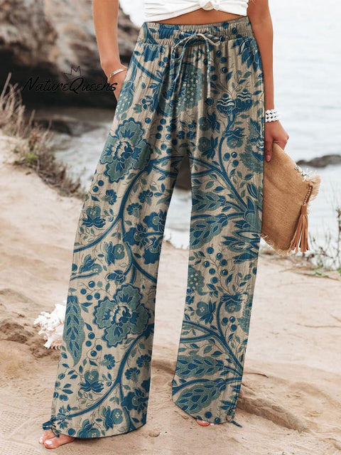 Women's  Floral  Art Printed Cotton And Linen Casual Pants