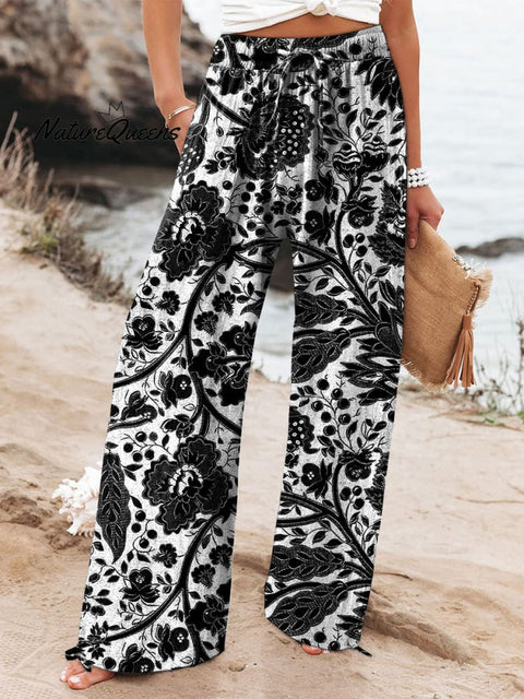 Women's  Floral  Art Printed Cotton And Linen Casual Pants