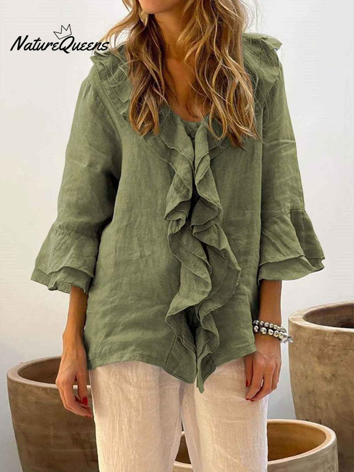 Women's Ruffles Casual Cotton And Linen 3/4 Sleeves Shirt