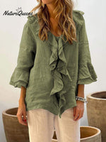 Women's Ruffles Casual Cotton And Linen 3/4 Sleeves Shirt