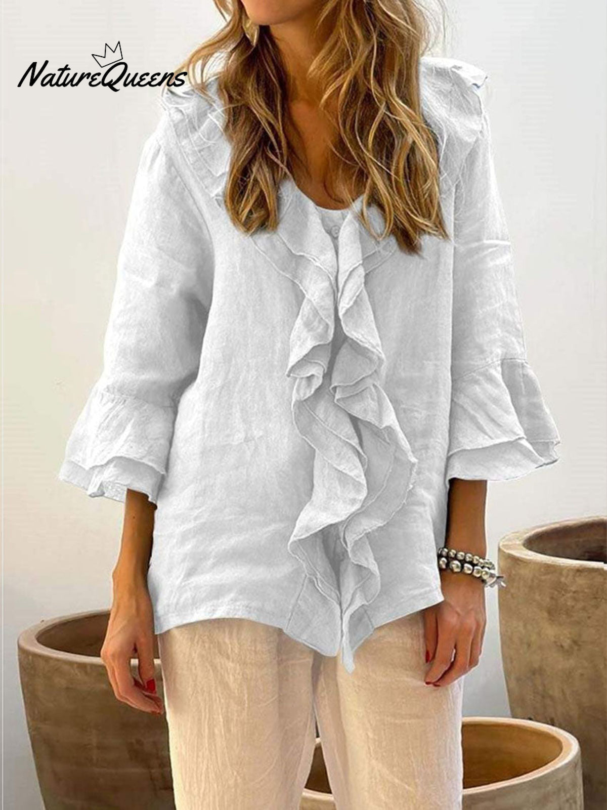 Women's Ruffles Casual Cotton And Linen 3/4 Sleeves Shirt
