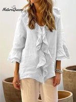 Women's Ruffles Casual Cotton And Linen 3/4 Sleeves Shirt