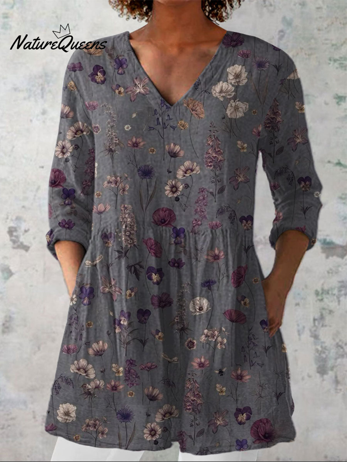 Women'sFlowers ArtPrint Casual Linen V-neck Shirt