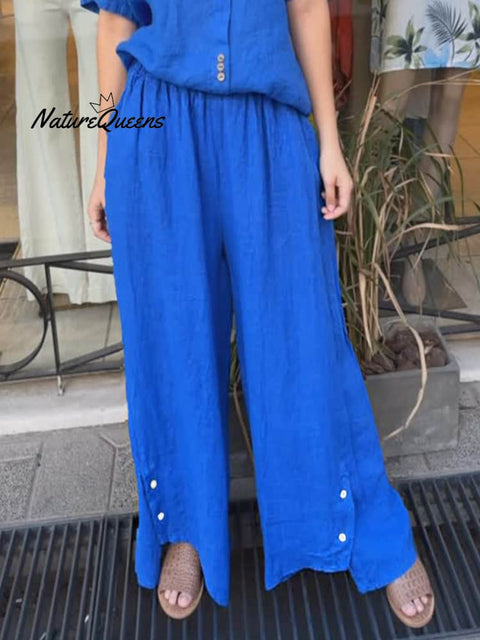 Women's High Waist Solid Color Casual Pocket Linen Wide Leg Pants