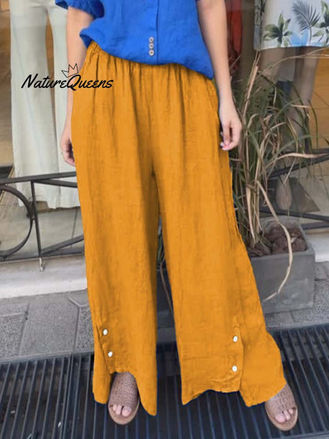 Women's High Waist Solid Color Casual Pocket Linen Wide Leg Pants