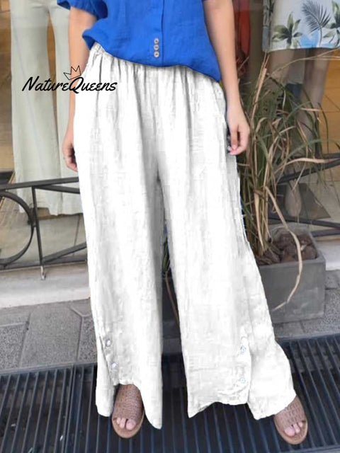 Women's High Waist Solid Color Casual Pocket Linen Wide Leg Pants