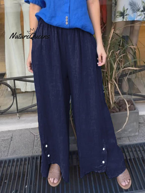 Women's High Waist Solid Color Casual Pocket Linen Wide Leg Pants