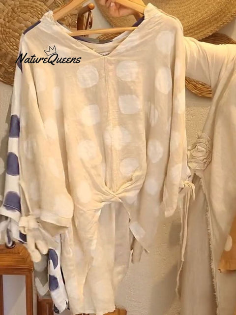 Women's V-neck Polka Dot Print 3/4 Sleeve Casual Linen Twisted Top