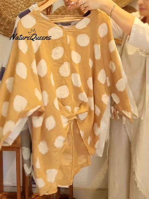 Women's V-neck Polka Dot Print 3/4 Sleeve Casual Linen Twisted Top