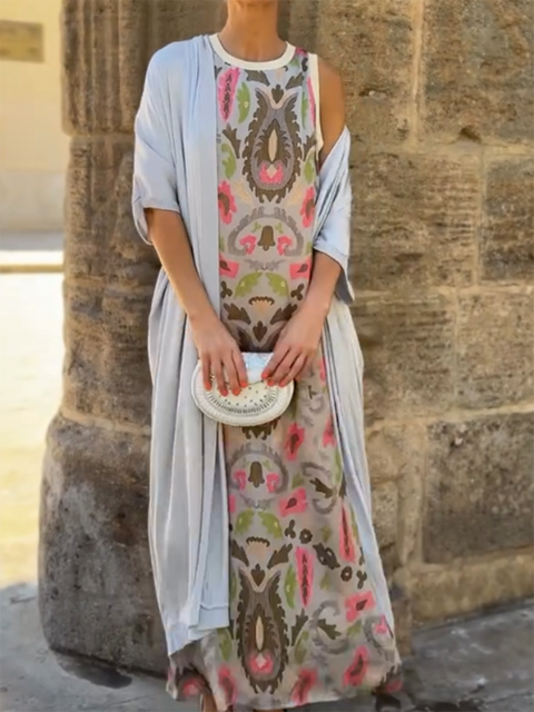 Women's Printed Satin Cardigan Dress Two-Piece Set