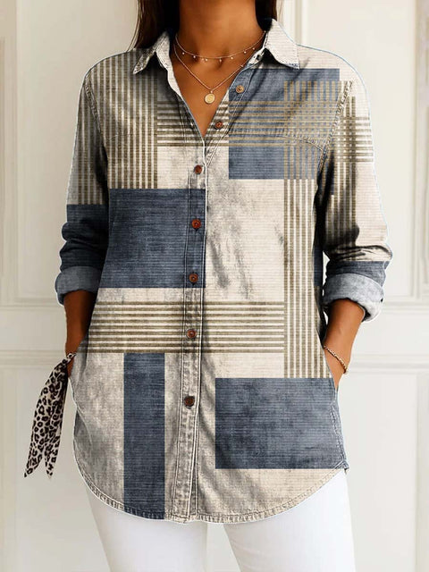 Women's Retro Art Geometric Lines Print Casual Cotton Shirt