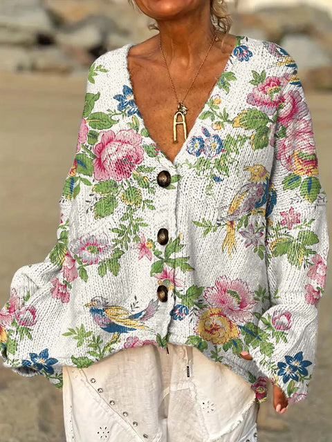 Women's Retro Art Floral And Birds Casual Pullover Sweater
