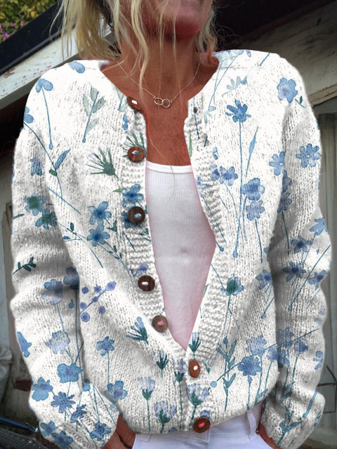 Women's Creative Floral Art Print Buttoned Cardigan Sweater
