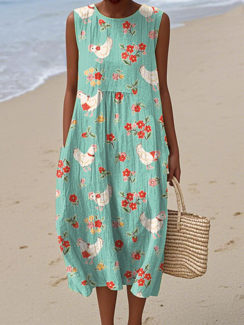Women's Artistic Creative Chick Flowers Print Sleeveless Cotton Pocket Wrap Dress