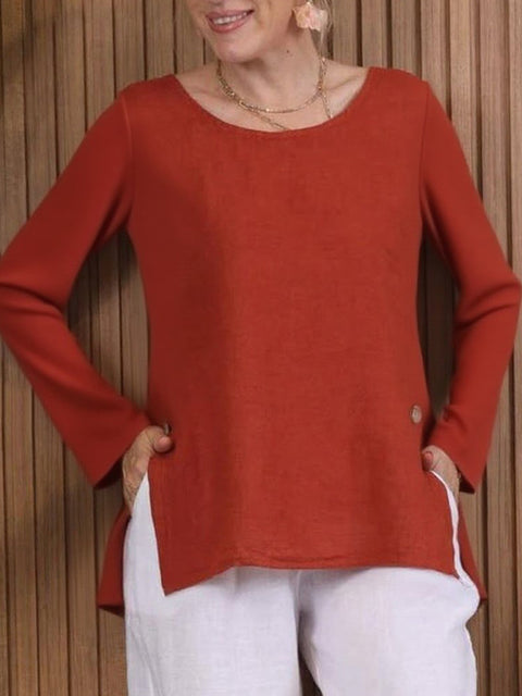 Women's Long Sleeve Button Slit Linen Top