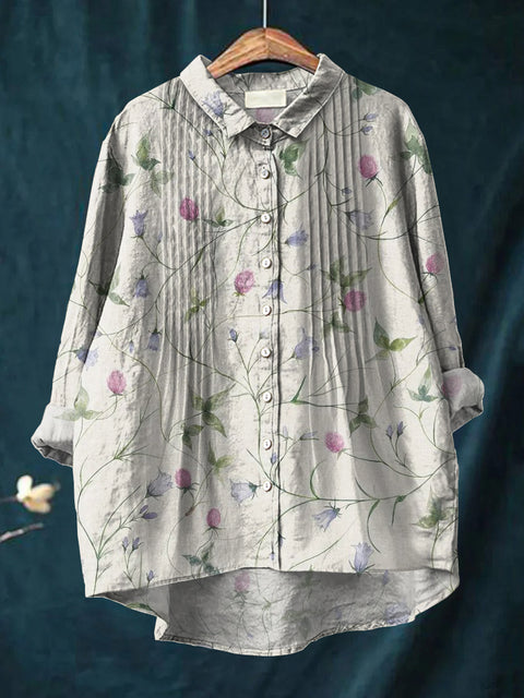 Women's Retro Art Flowers Print Casual Cotton And Linen Ruffle Shirt