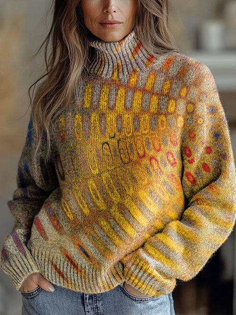 Women's Retro Art Abstract Pattern Print Knit Turtleneck Pullover Sweater