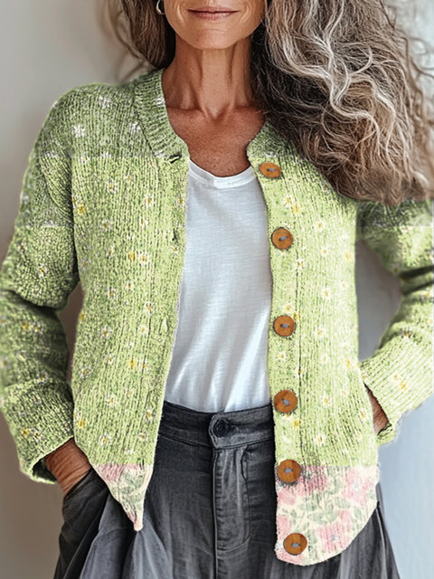 Women's Artistic Creative Flowers Print Buttoned Cardigan Sweater
