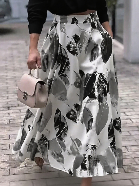 Women's Elegant Art Painting Leaf Print Skirt