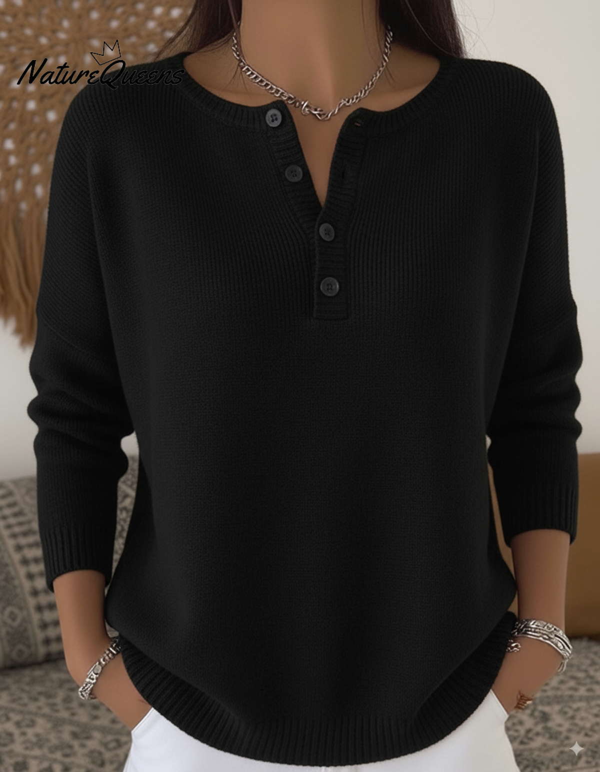 Women's Soft Solid Color Henley Collar Sweater Top