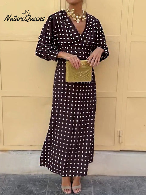 Women's Polka Dot Print V-Neck Long Sleeve Casual A-Line Dress