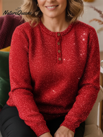 Women's Shiny Henley Neck Solid Color Sweater Top