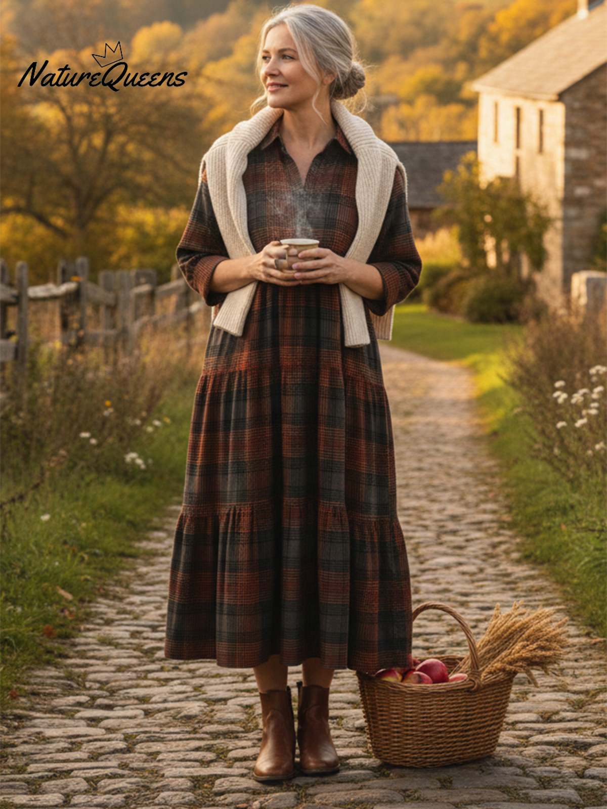 Women's Comfortable Plaid Print Shirt Midi Dress