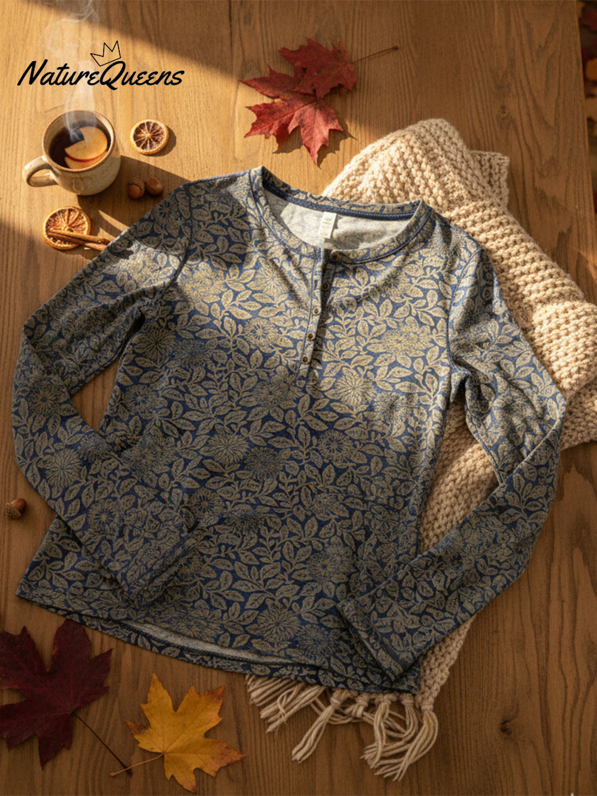 Women's Retro Floral Print Soft Stretch Henley Neck Top