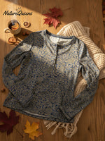 Women's Retro Floral Print Soft Stretch Henley Neck Top