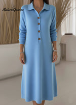 Classic Polo Collar Button Solid Color Knitted Midi Dress