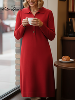 Classic Polo Collar Button Solid Color Knitted Midi Dress