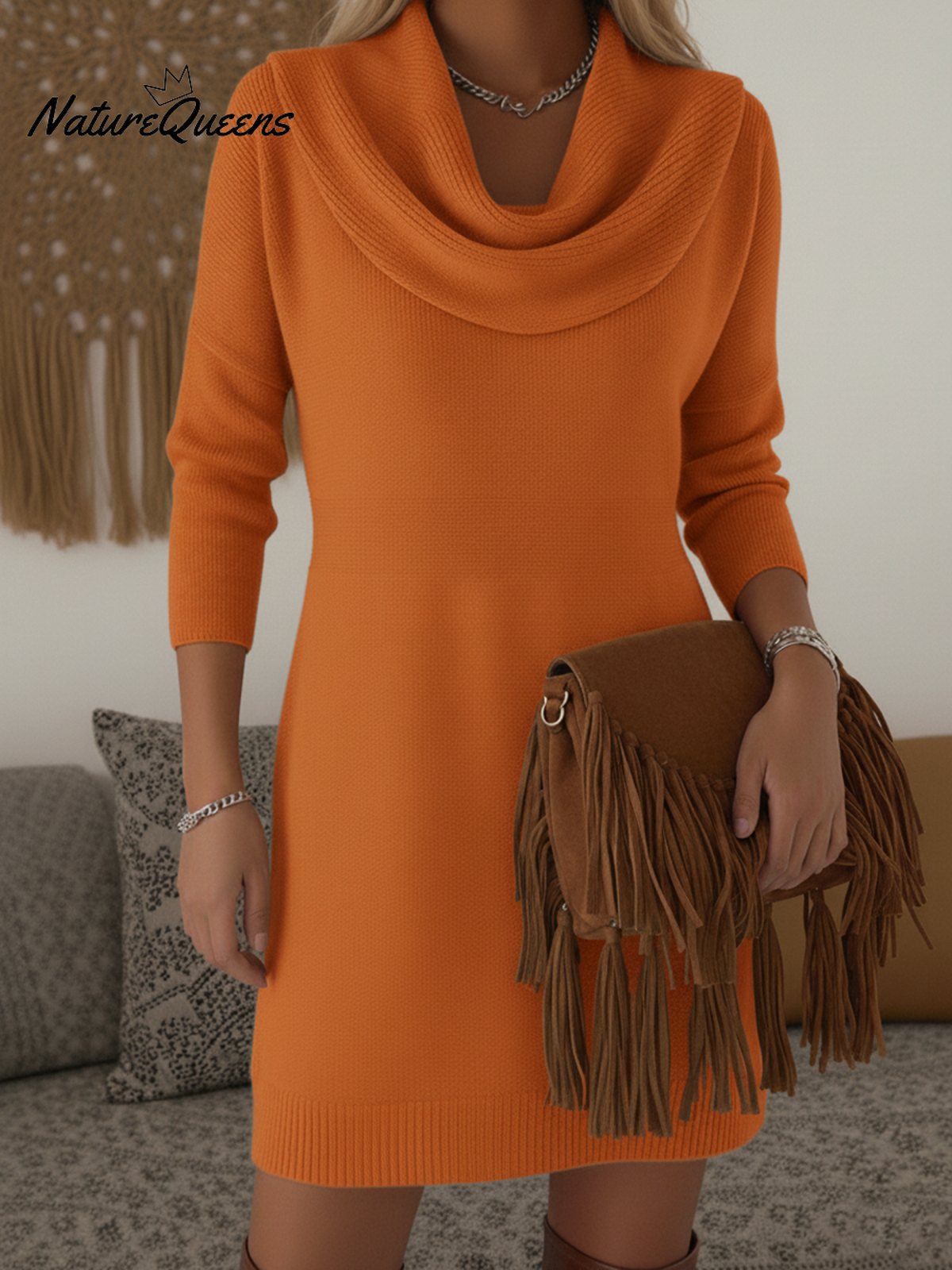 Elegant and Soft Solid Color Cowl Neck Knit Dress