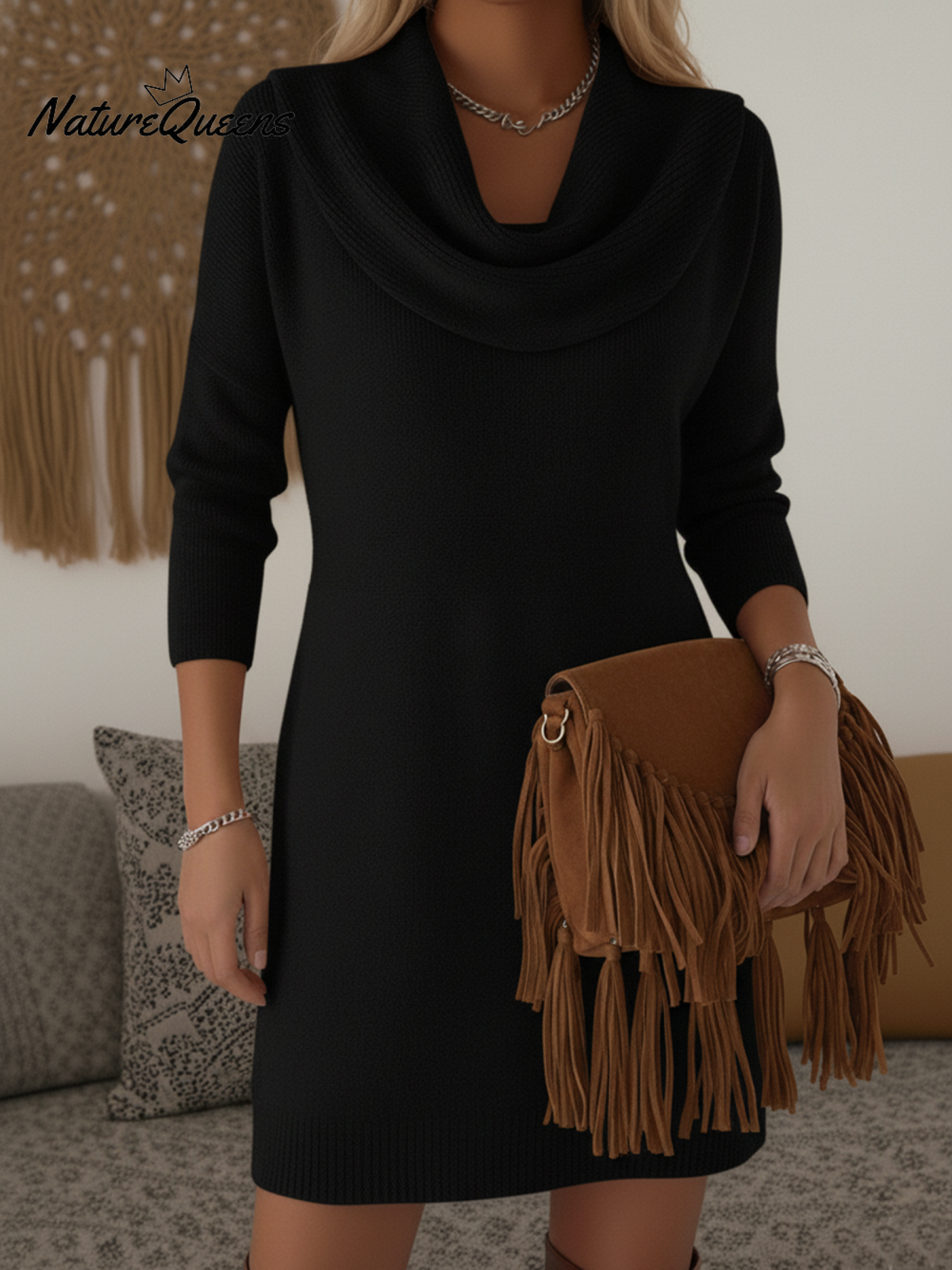 Elegant and Soft Solid Color Cowl Neck Knit Dress
